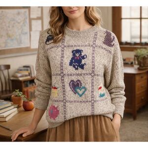 Vintage Woolrich Woman Bear Teacup Wool Sweater 90s Novelty Cottagecore M
